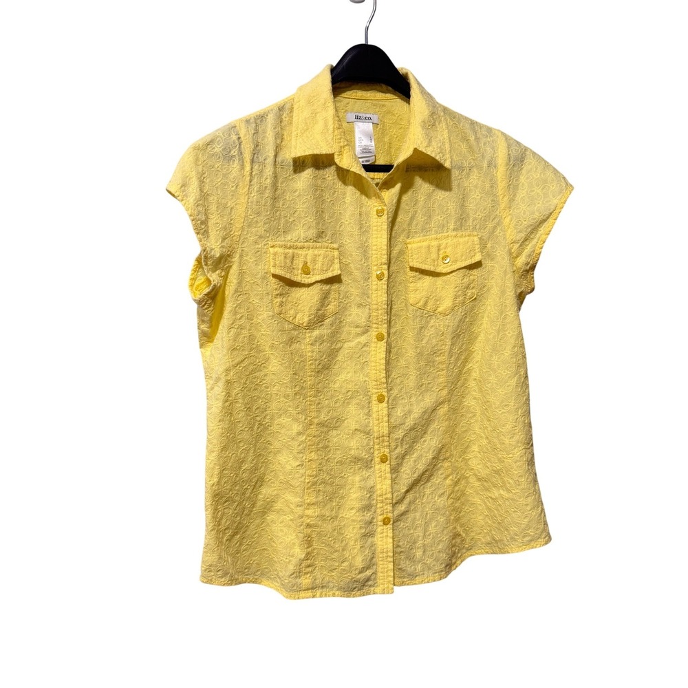 Liz & Co Womens Yellow Eyelet Floral Button Down Shirt Short Sleeve Cotton L